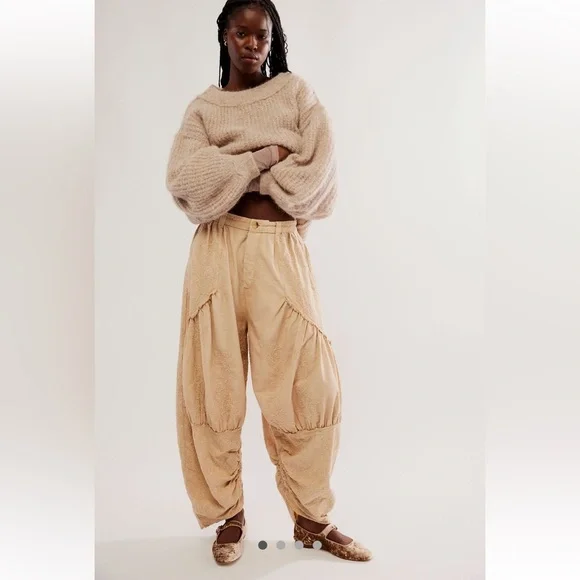 NEW Free People Easy Love Embroidered Pull On Bleached Sand Mid Rise Pants XL